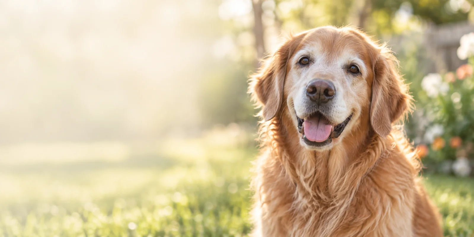 An older golden retriever with a gray muzzle sitting in warm sunlight.